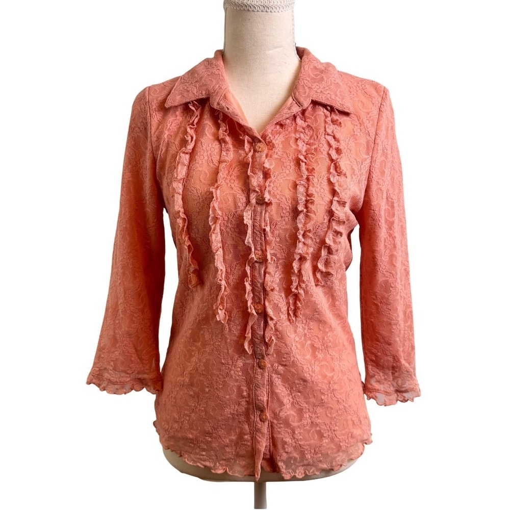 JH Collectibles Lace Ruffle Buttonup Top Womens M Coral Fairy Coquette Romantic
